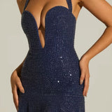 Oh Polly Phaedra Embellished Halterneck A-Line Mini Dress in Midnight Blue