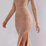 Oh Polly Portia Sheer Embellished Long Sleeve Evening Gown in Almond
