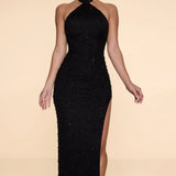 Oh Polly Positano Embellished High Neck Split Maxi Dress in Black