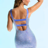 Oh Polly Ruchi Embellished Square Neck Mini Dress in Blue