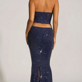 Oh Polly Saphira Embellished Cut-Out Draped Corset Gown in Midnight Blue