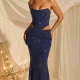 Oh Polly Saphira Embellished Cut-Out Draped Corset Gown in Midnight Blue