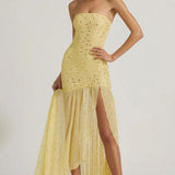 Oh Polly Semi-Sheer Embellished Asymmetric Maxi Dress in Yellow