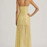 Oh Polly Semi-Sheer Embellished Asymmetric Maxi Dress in Yellow