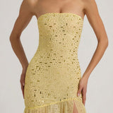 Oh Polly Semi-Sheer Embellished Asymmetric Maxi Dress in Yellow