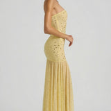 Oh Polly Semi-Sheer Embellished Asymmetric Maxi Dress in Yellow
