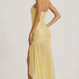 Oh Polly Semi-Sheer Embellished Asymmetric Maxi Dress in Yellow