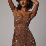 Oh Polly Sheer Durrani Embellished Scoop Neck Mini Dress in Mocha