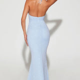 Oh Polly Verona Embellished Plunge Halter Neck Evening Gown in Blue