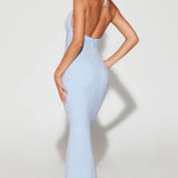 Oh Polly Verona Embellished Plunge Halter Neck Evening Gown in Blue