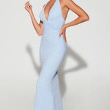 Oh Polly Verona Embellished Plunge Halter Neck Evening Gown in Blue