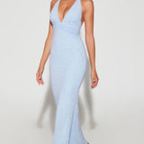 Oh Polly Verona Embellished Plunge Halter Neck Evening Gown in Blue