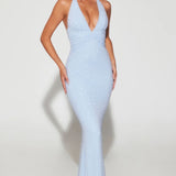 Oh Polly Verona Embellished Plunge Halter Neck Evening Gown in Blue