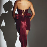 Oh Polly Viviana Woven Taffeta Strapless Mini Dress in Wine