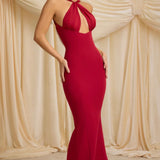 Oh Polly Xanthia Pearl-Detail Halterneck Maxi Dress in True Red