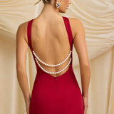 Oh Polly Xanthia Pearl-Detail Halterneck Maxi Dress in True Red