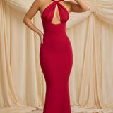 Oh Polly Xanthia Pearl-Detail Halterneck Maxi Dress in True Red