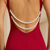 Oh Polly Xanthia Pearl-Detail Halterneck Maxi Dress in True Red