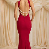 Oh Polly Xanthia Pearl-Detail Halterneck Maxi Dress in True Red