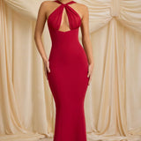 Oh Polly Xanthia Pearl-Detail Halterneck Maxi Dress in True Red