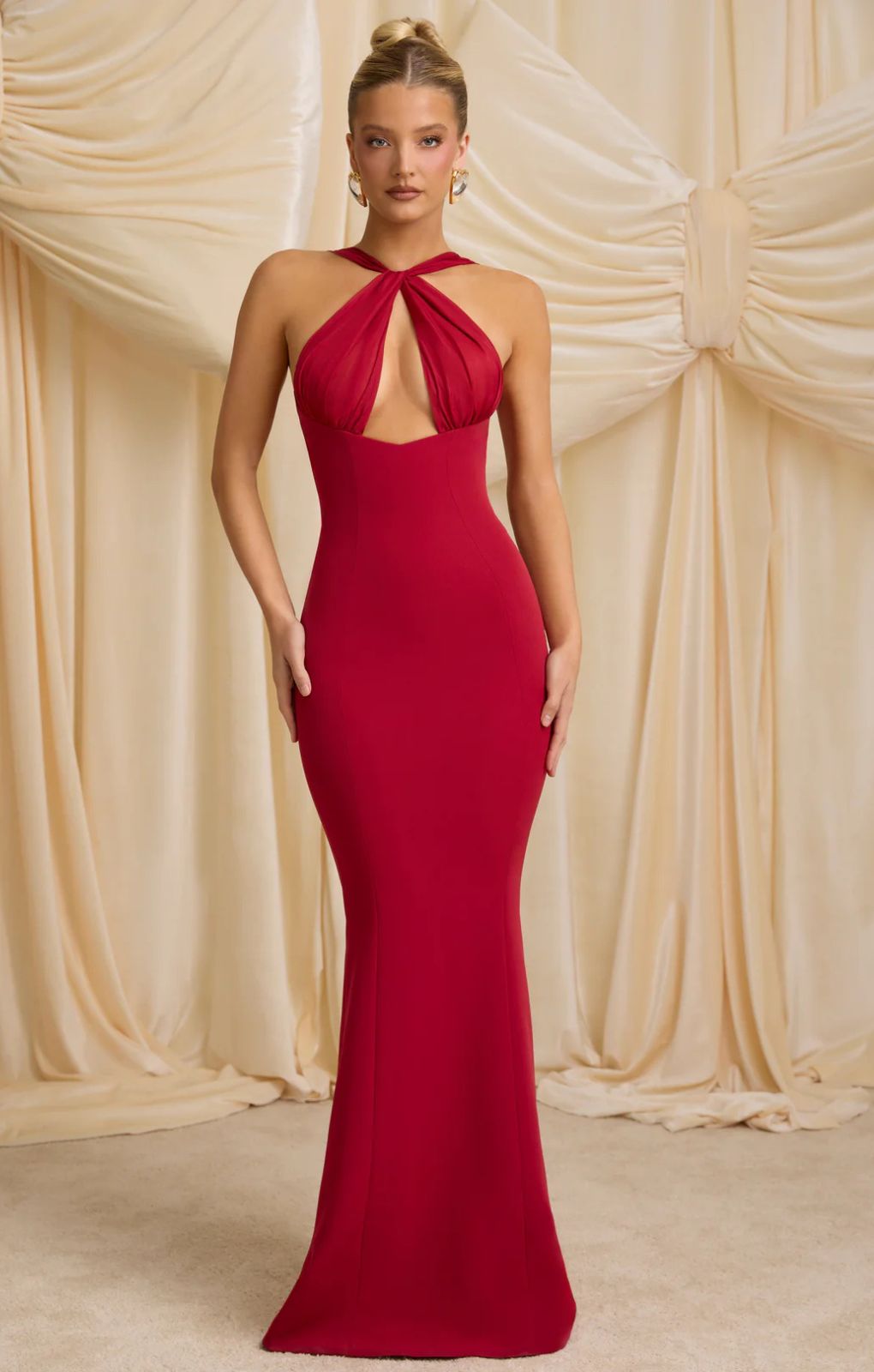 Rent Oh Polly Xanthia Pearl-Detail Halterneck Maxi Dress in True Red Rent Oh Polly Xanthia Pearl-Detail Halterneck Maxi Dress in True Red