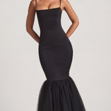Oh Polly Adelpha Tulle Hem Fishtail Gown in Black