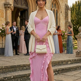 Oh Polly Aurelie Panelled Ruffle Evening Gown in Pink