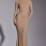 Oh Polly Celestia Embellished Long Sleeve Evening Gown in Gold