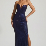 Oh Polly Embellished Plunge Gown in Navy