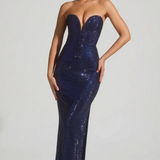 Oh Polly Embellished Plunge Gown in Navy