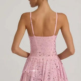 Oh Polly Embellished Ruffled Tiered Mini Dress in Pink
