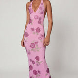 Oh Polly Gyda Embellished Halterneck Maxi Dress in Soft Pink