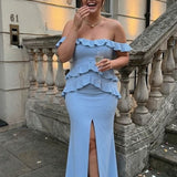 Oh Polly Hemera Off-Shoulder Ruffle-Trim Gown in Light Blue