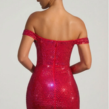 Oh Polly Leonora Embellished Off-Shoulder Mini Dress in Crimson Red