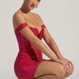 Oh Polly Leonora Embellished Off-Shoulder Mini Dress in Crimson Red