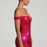 Oh Polly Leonora Embellished Off-Shoulder Mini Dress in Crimson Red