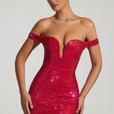 Oh Polly Leonora Embellished Off-Shoulder Mini Dress in Crimson Red