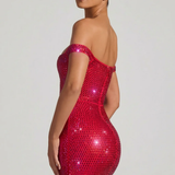 Oh Polly Leonora Embellished Off-Shoulder Mini Dress in Crimson Red