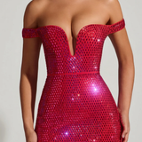Oh Polly Leonora Embellished Off-Shoulder Mini Dress in Crimson Red