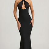 Oh Polly Pearl-Detail Halterneck Maxi Dress in Black