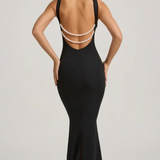 Oh Polly Pearl-Detail Halterneck Maxi Dress in Black