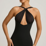 Oh Polly Pearl-Detail Halterneck Maxi Dress in Black