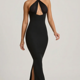 Oh Polly Pearl-Detail Halterneck Maxi Dress in Black