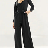Only V Neck Belted Jumpsuit In Black Glitter