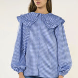 Glamorous Pale Blue Check Statement Collar Blouse