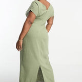 Asos Design Curve V-Neck Linen Double Bow Detail Pencil Midi Dress In Khaki