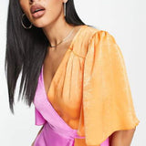 Flounce London Plus Flutter Sleeve Ruffle Mini Dress In Contrast Pink And Orange