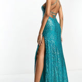 Asos Design Halter Lace Up Back Maxi Dress In Allover Sequin In Blue