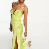 Asos Design Satin Corset Detail Plunge Midi Dress In Lime Green