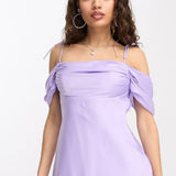 Forever New Petite Off Shoulder Mini Dress In Lilac Satin